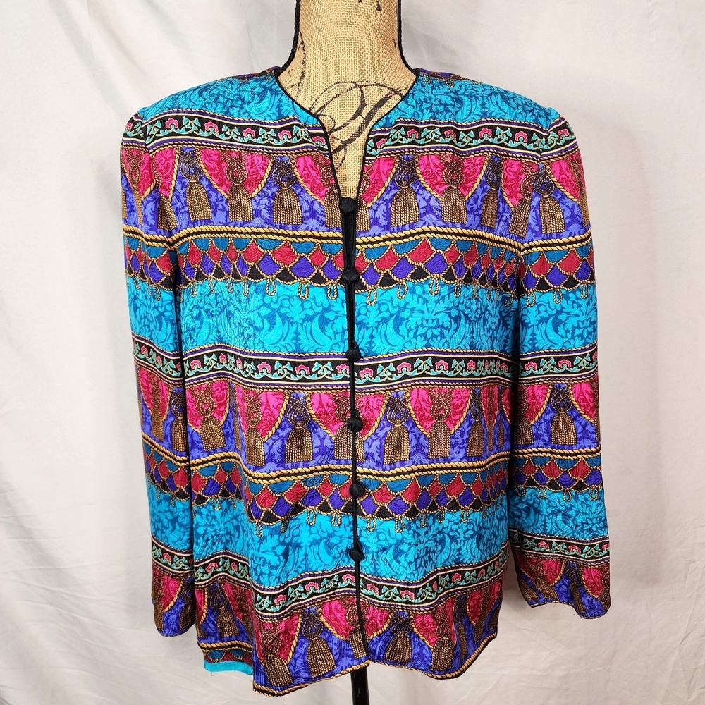 Vintage ADRIANNA PAPELL Size 12 Rope Tassel Print 100% Silk Bright Retro Blouse - Picture 2 of 12